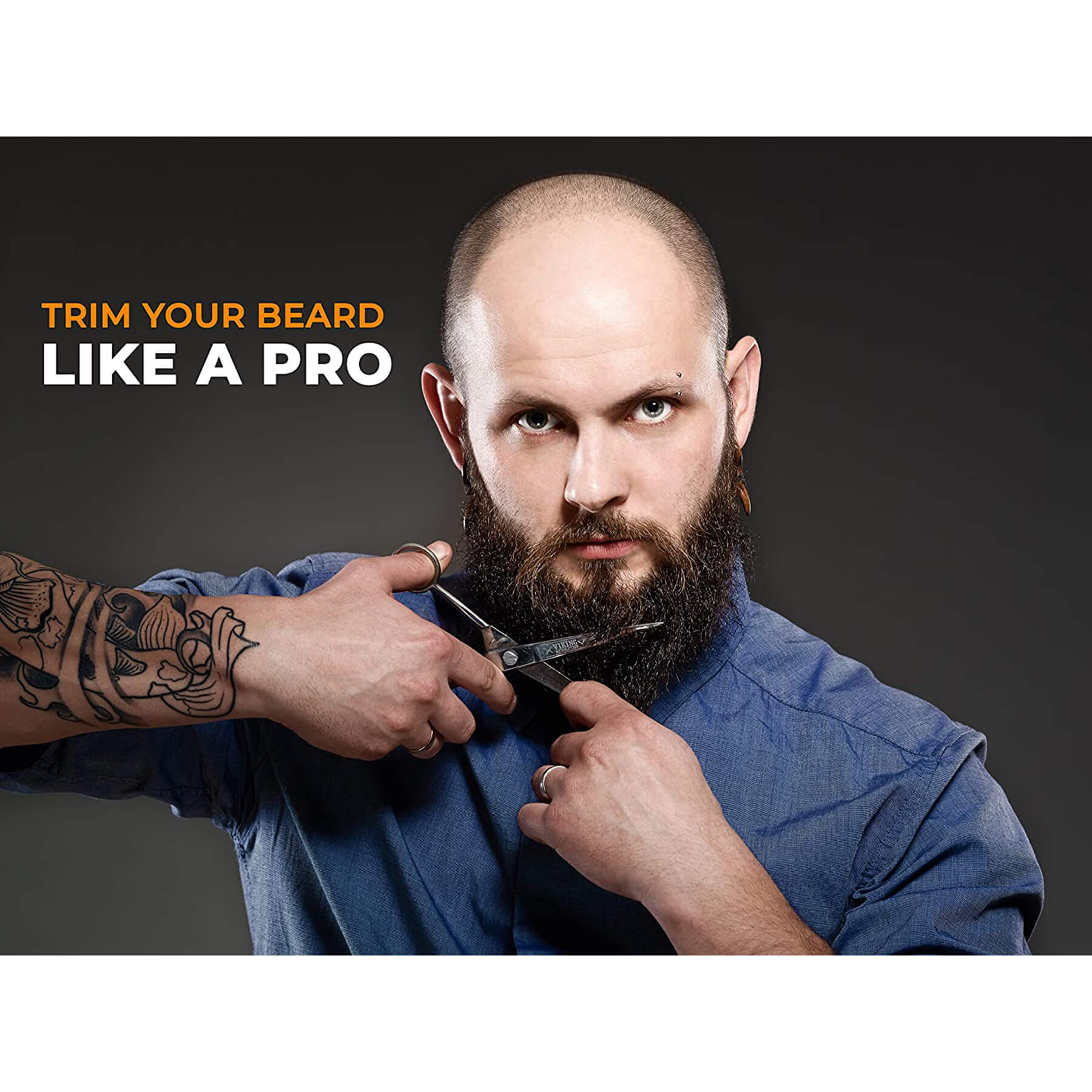 Man trims his beard with our Beard and Mustache Scissors; text: Trim Like a Pro.