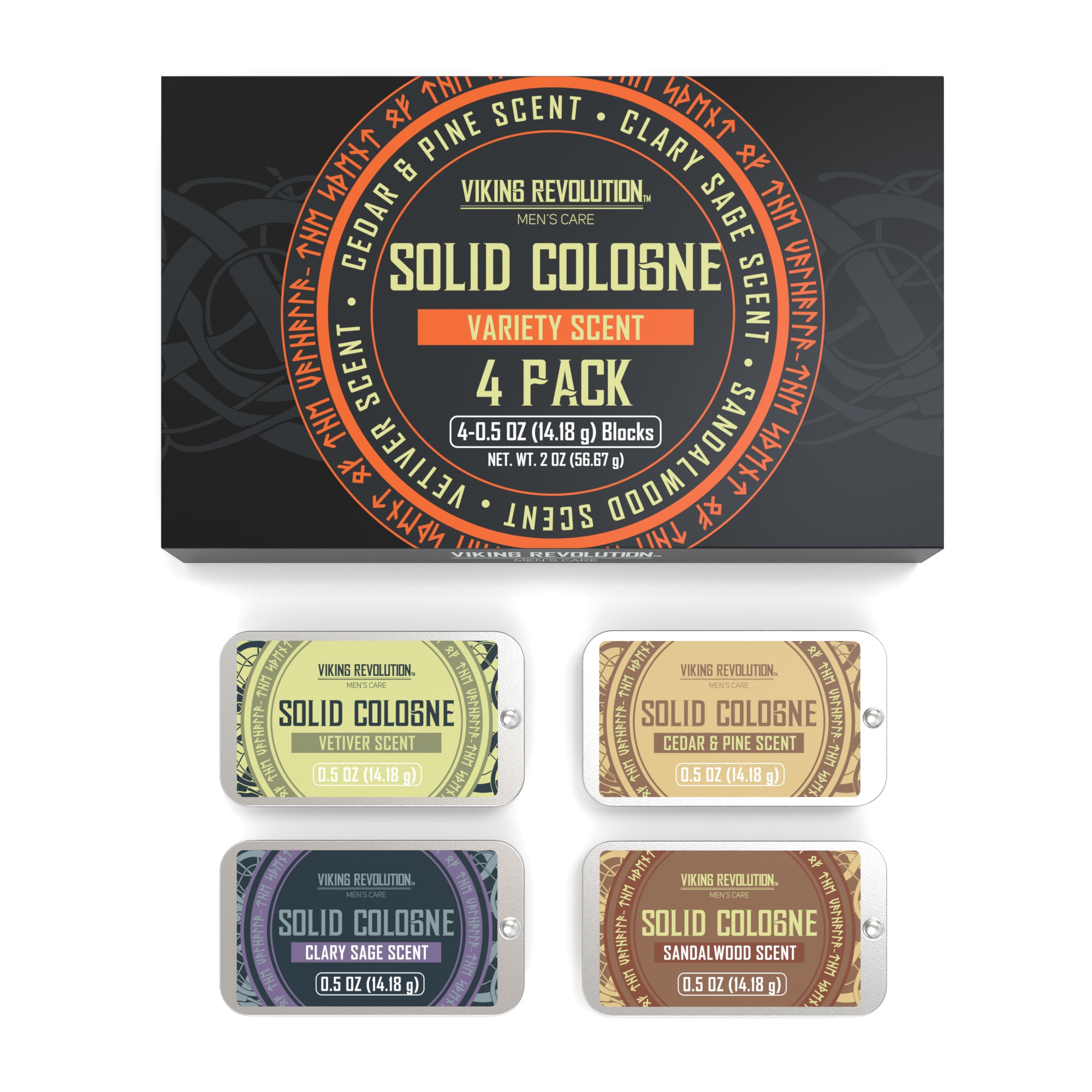 Box of Solid Cologne - 4 Pack by Viking Revolution featuring four scent tins below, with refreshing aromatic notes like Sandalwood and Clary Sage.