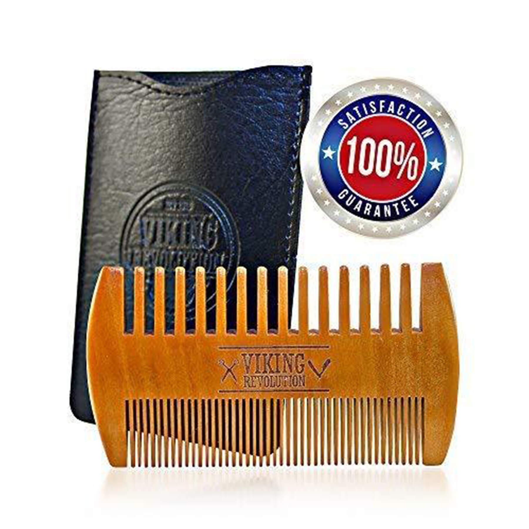 Wooden Beard Comb & Case, with satisfaction guarantee and premium grooming finish, in a black leather case.