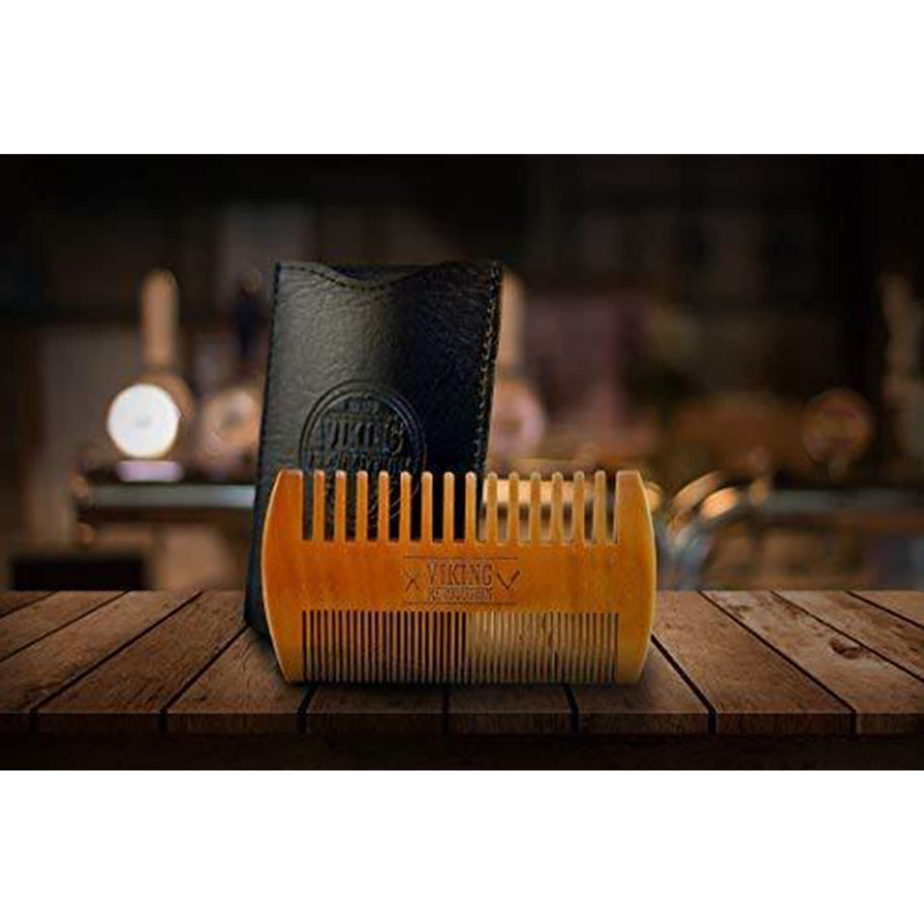 Wooden Beard Comb & Case on table; satisfaction guarantee included.