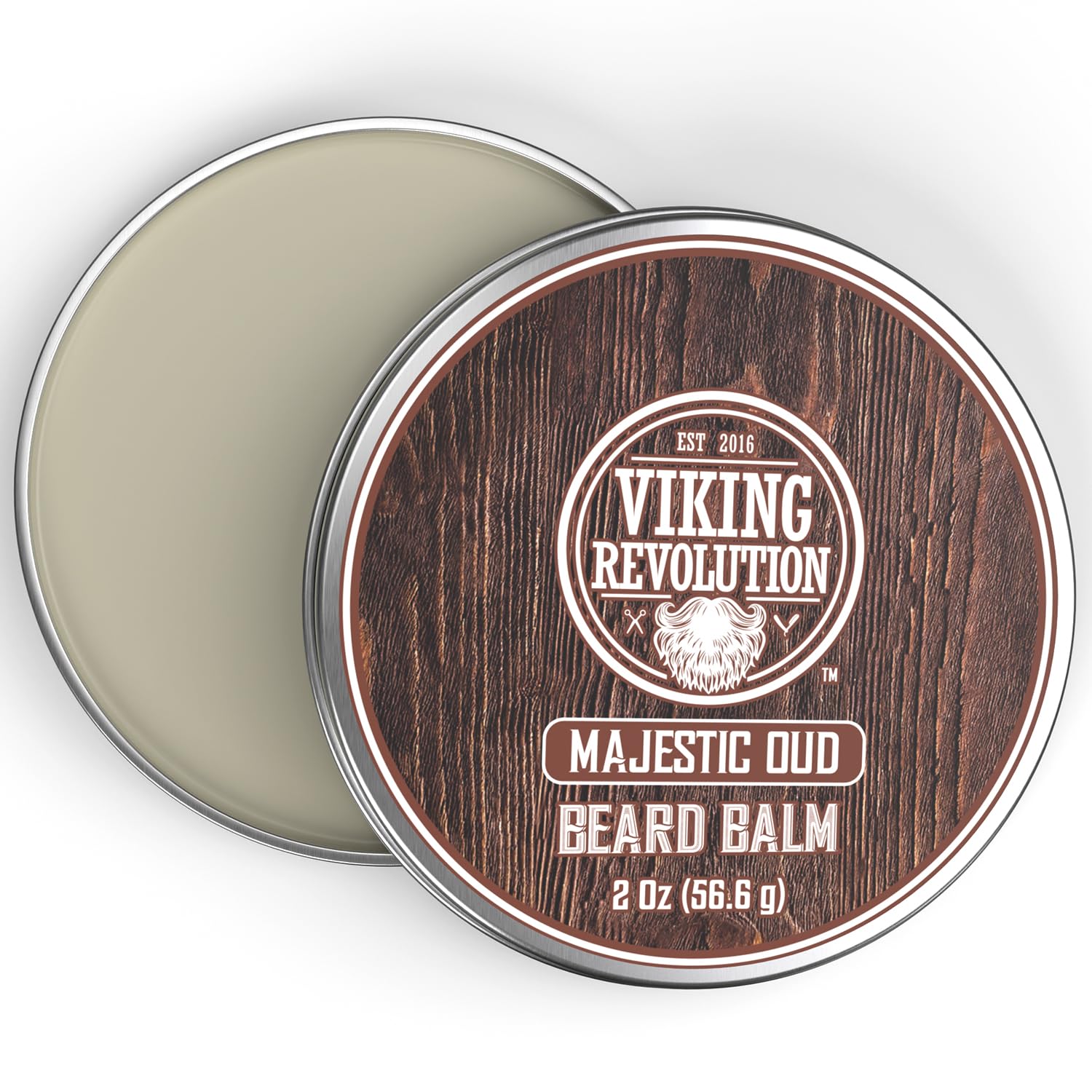 Open tin of Majestic Oud Beard Balm (2oz), showing the balm and branded wooden lid.