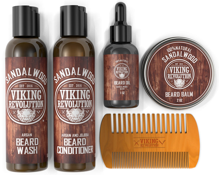 Sandalwood-scented beard wash, conditioner, oil, balm & comb—Viking Revolution Grooming Kit.