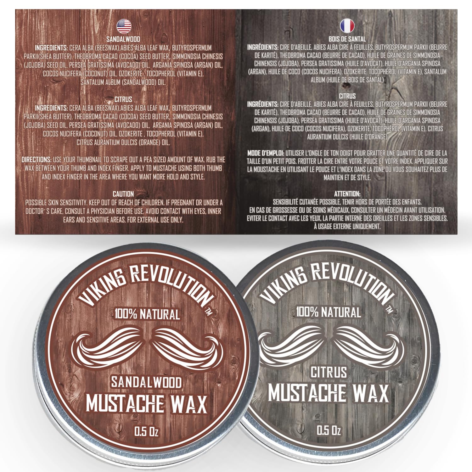 Citrus & Sandalwood Mustache Wax - 2 Pack for styling; includes info card above.