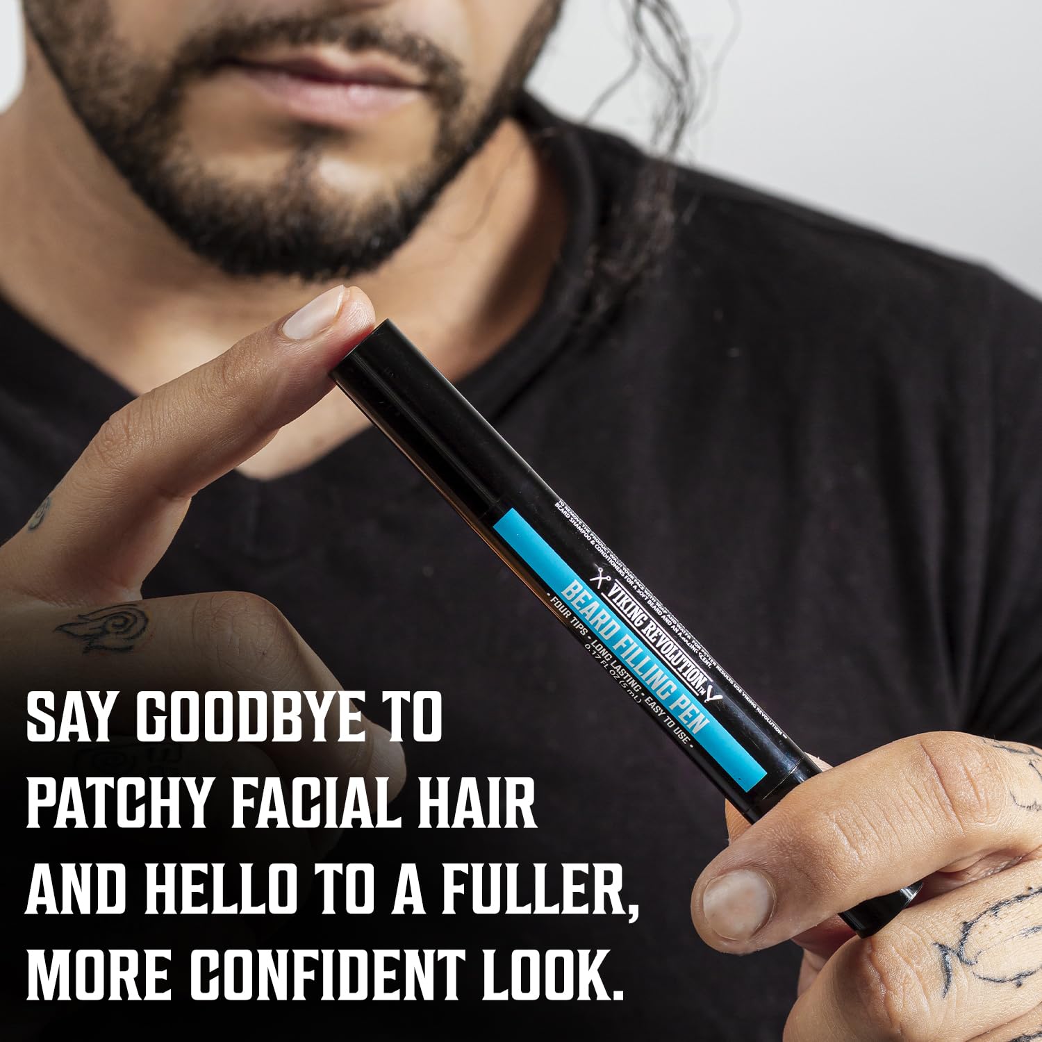 A man holds the Black Beard Pencil Filler for Men, promoting a fuller, more confident beard look.