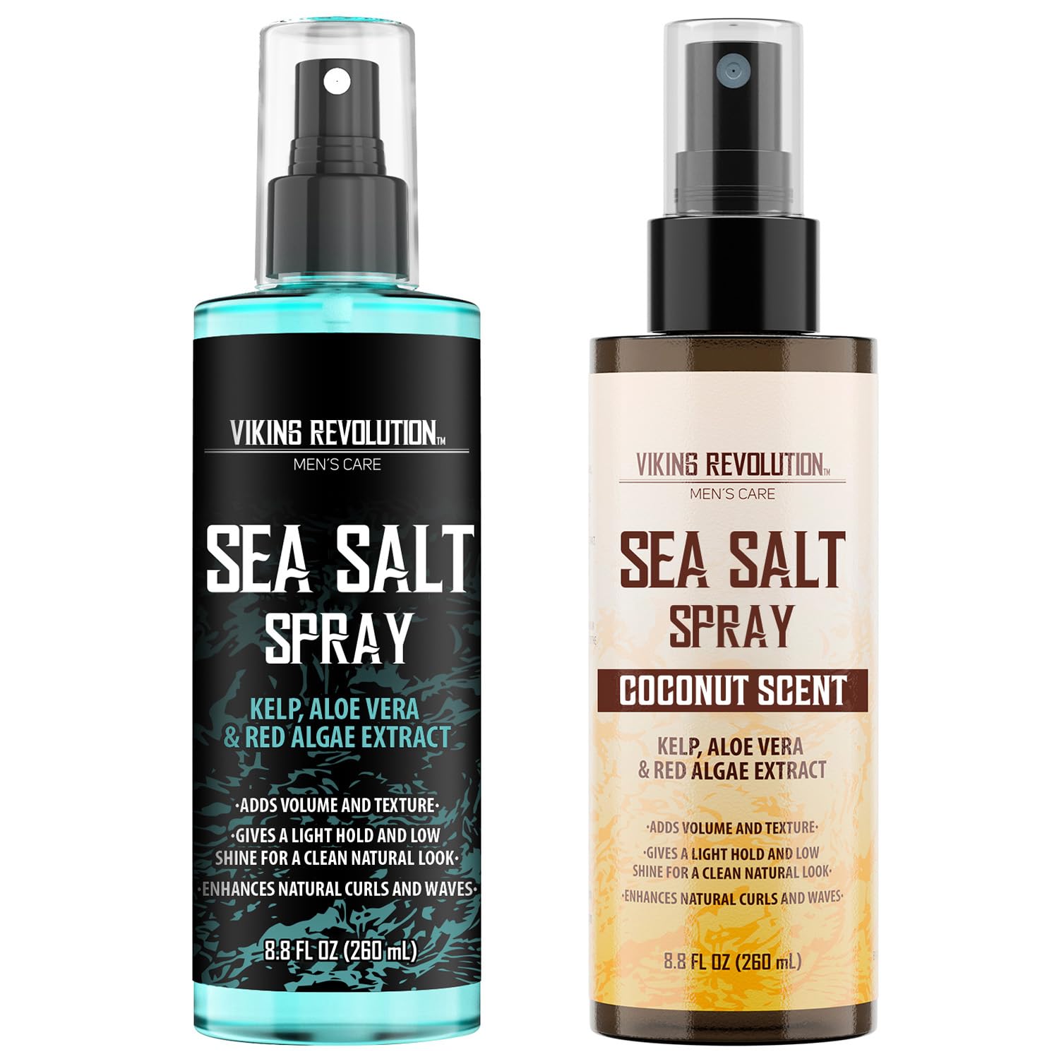 Two bottles of Sea Salt Spray for Hair, Ocean Breeze & Coconut scents, 8.8 fl oz each.