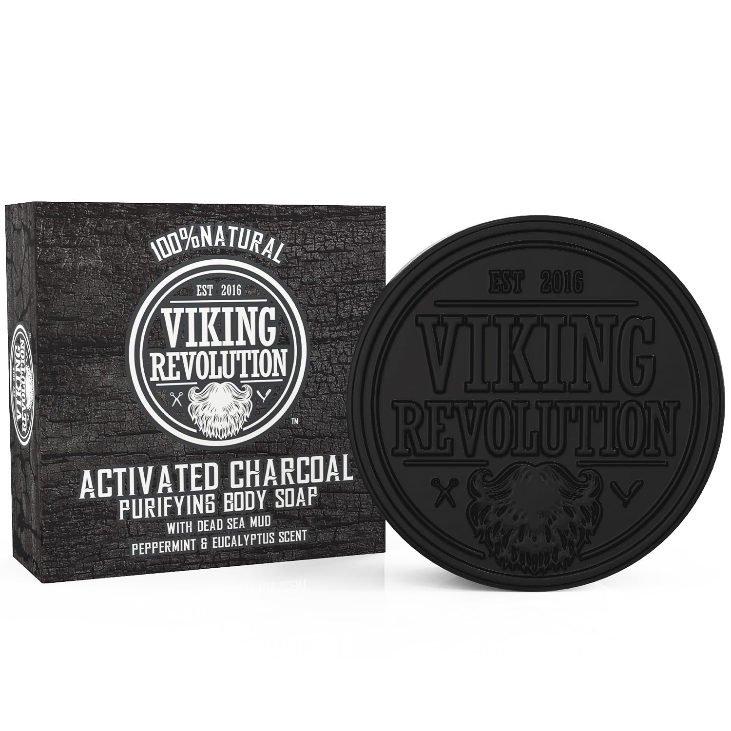 Round black soap bar and box labeled Activated Charcoal Soap w/ Dead Sea Mud for men.