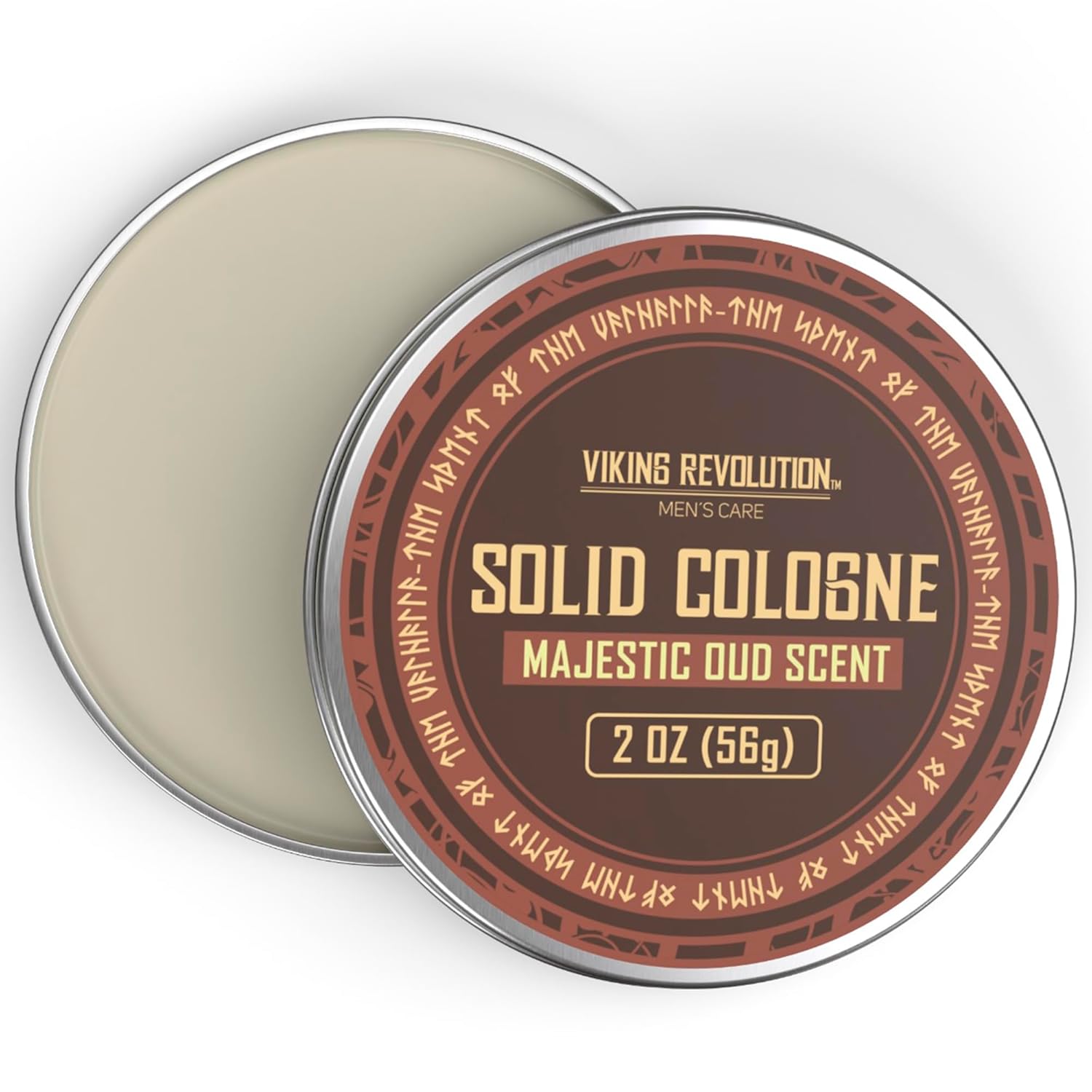 A 2 oz tin of Majestic Oud Mens Solid Cologne—an alcohol-free cologne for men.