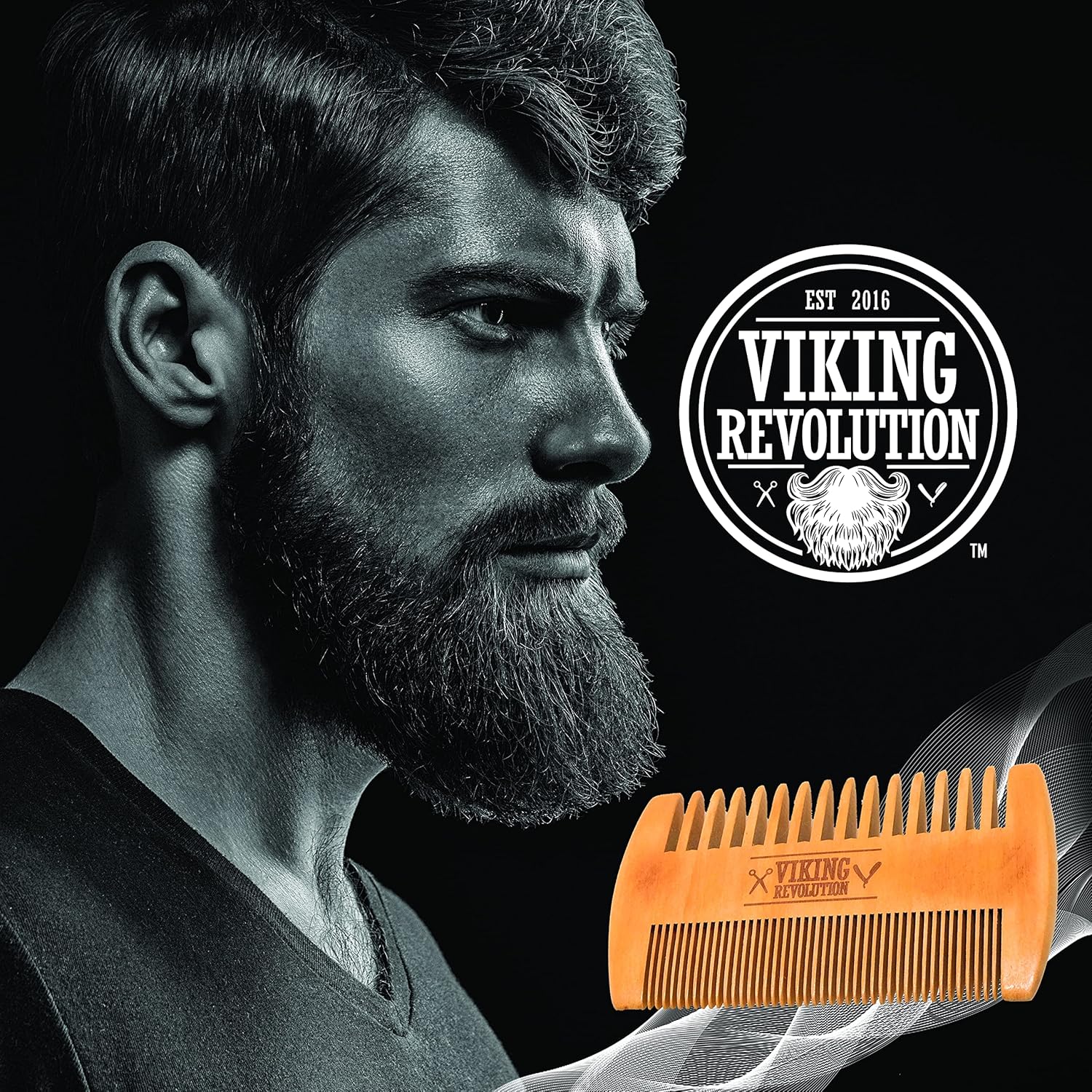 Bearded man in profile with Wooden Beard Comb & Case and Viking Revolution logo in the foreground.