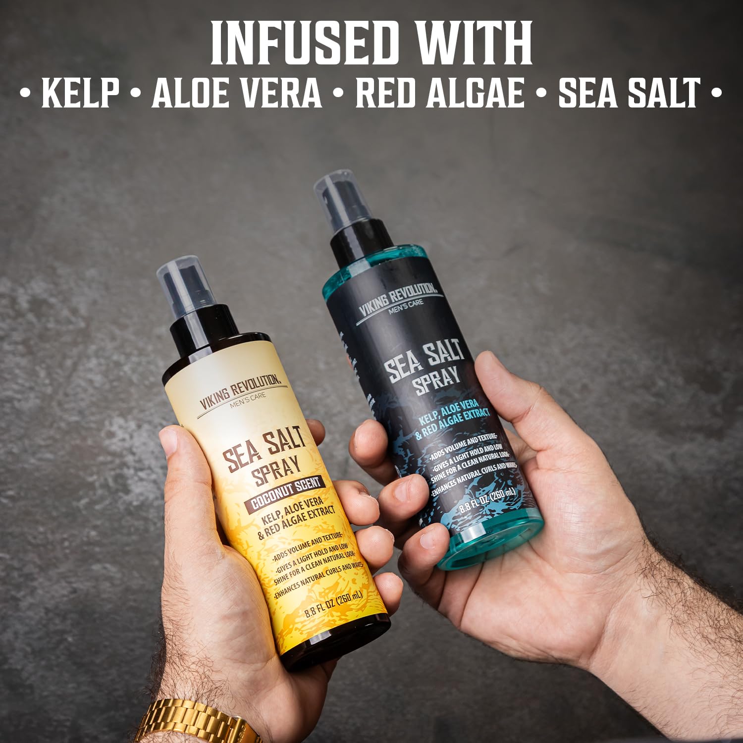 Two hands hold Ocean Breeze and Coconut Sea Salt Spray bottles (2 pack, 8.8oz) against gray background.