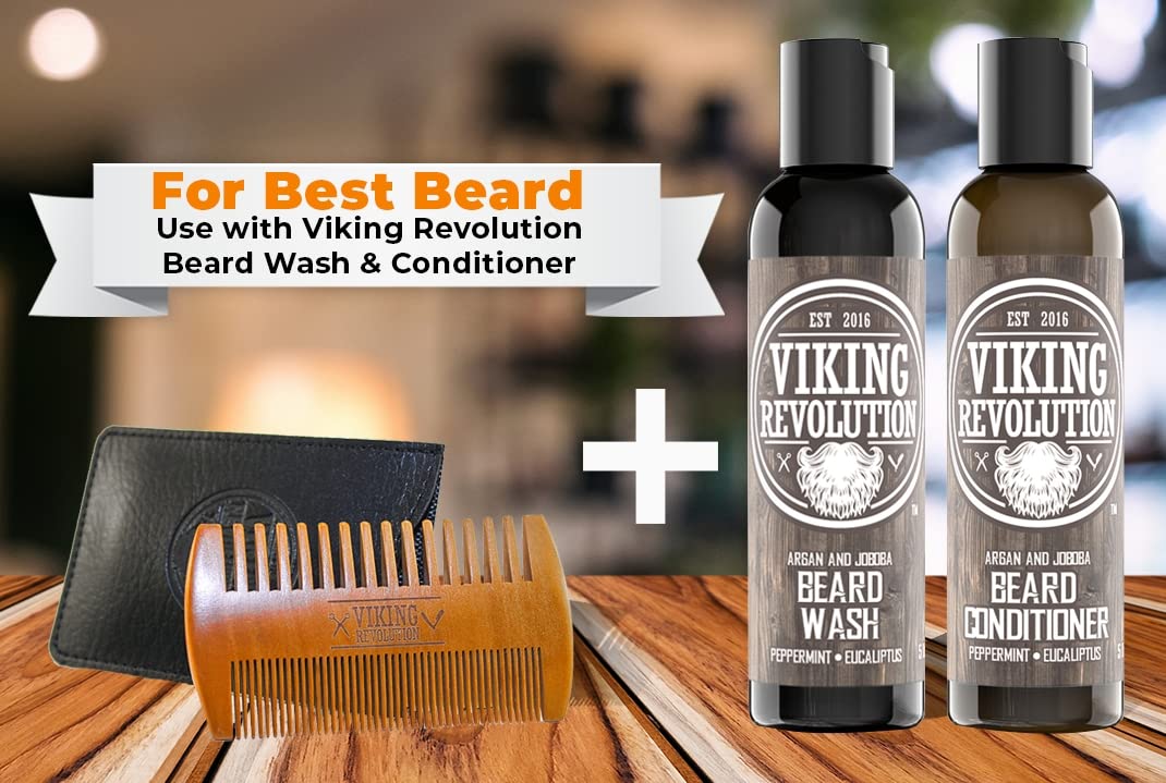 Wooden Beard Comb & Case by Viking Revolution on display with beard wash and conditioner.