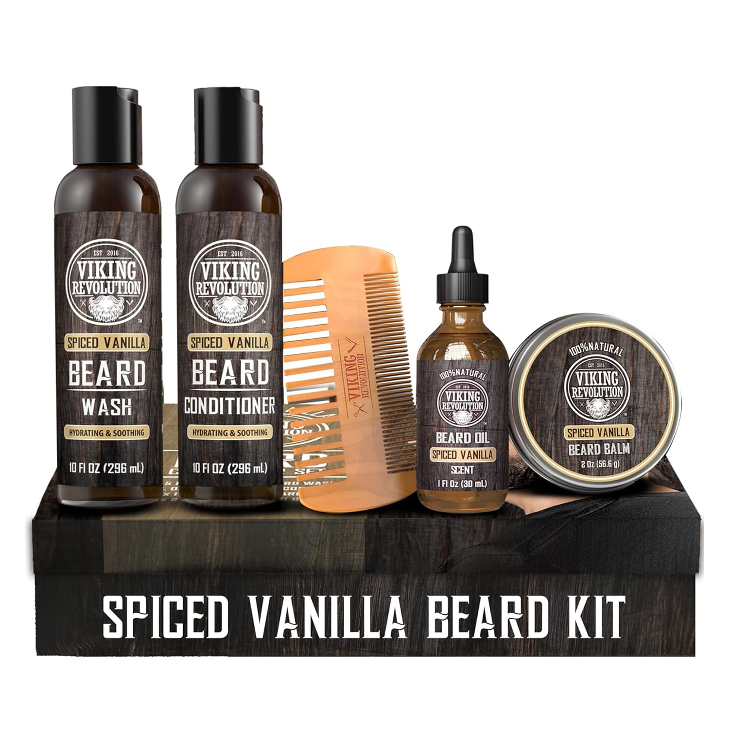 Beard Grooming Kit - Spiced Vanilla with wash, conditioner, oil, balm, comb & brush displayed.