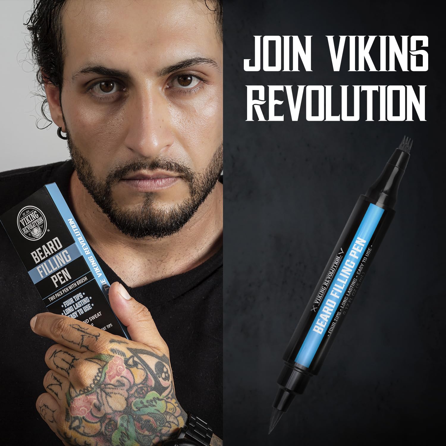 Man holding Black Beard Pencil Filler for Men; text: Join Vikins Revolution with beard coloring.
