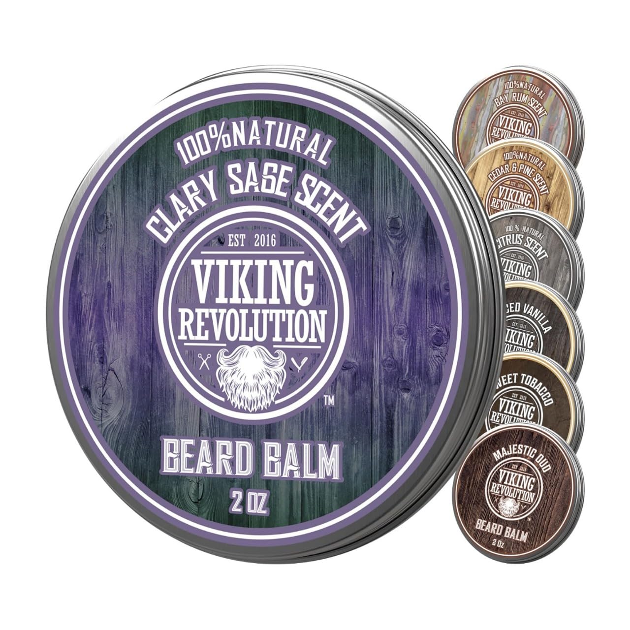 Clary Sage Beard Balm (2oz) tin for natural beard care, includes five additional tins.