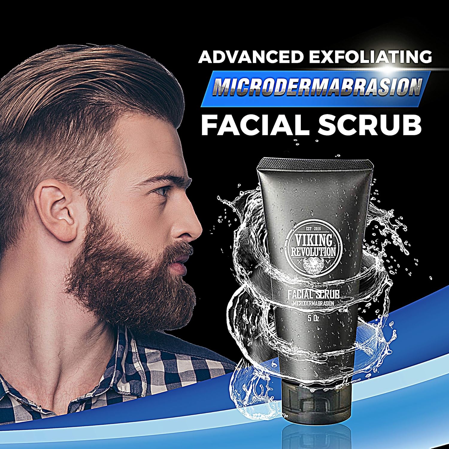 Bearded man beside Viking Revolution Microdermabrasion Face Scrub - 2 Pack. Advanced exfoliation.