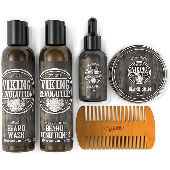 Explore the Viking Revolution - Beard Care Kit, Classic, which includes a beard wash and conditioner crafted from natural ingredients. This all-in-one set also offers nourishing oil, styling balm, and a durable comb to ensure your facial hair remains in excellent condition.