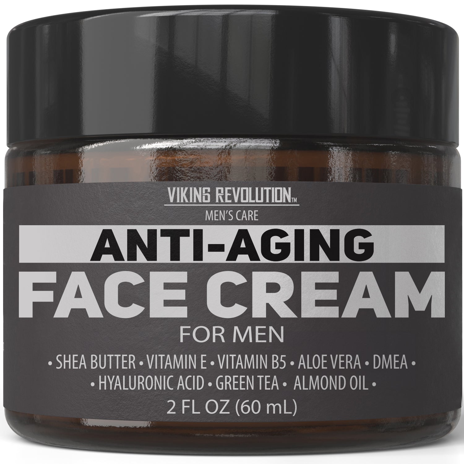 2oz jar of Anti-Aging Face Cream for Men with ingredients listed on the label.