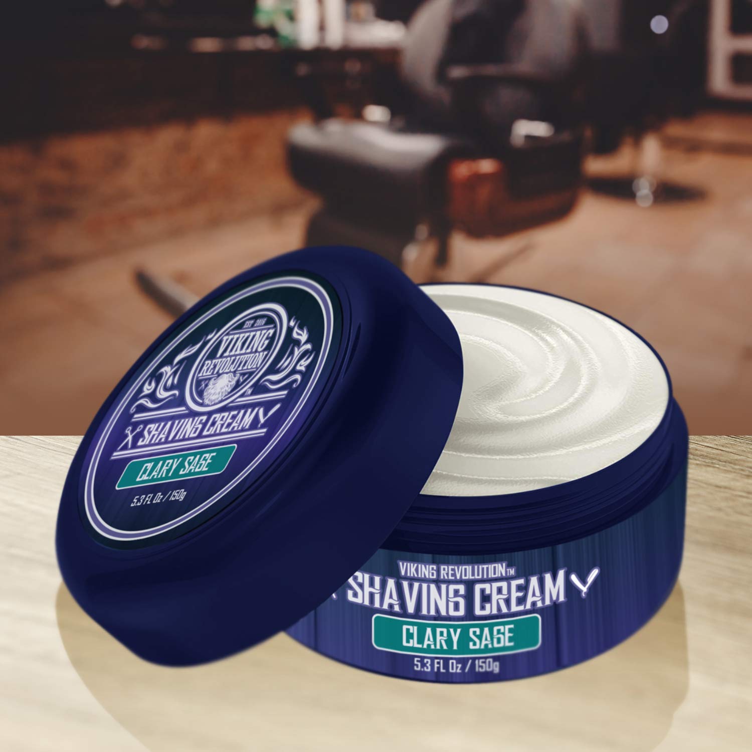 Open container of Shaving Cream - Clary Sage (3.5 fl oz), rich lather, on a barbershop table.