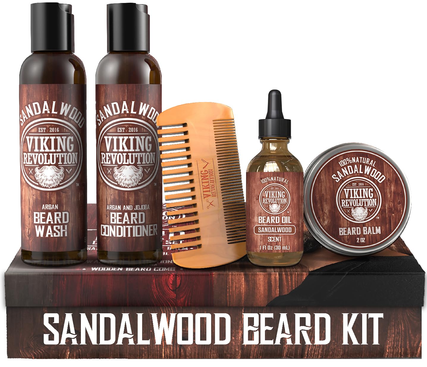 Sandalwood Grooming Kit with beard oil, balm, and a wooden comb for complete beard care.