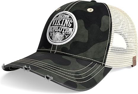 Camouflage Trucker Hat for Men Baseball Cap with Viking Revolution patch and distressed details.