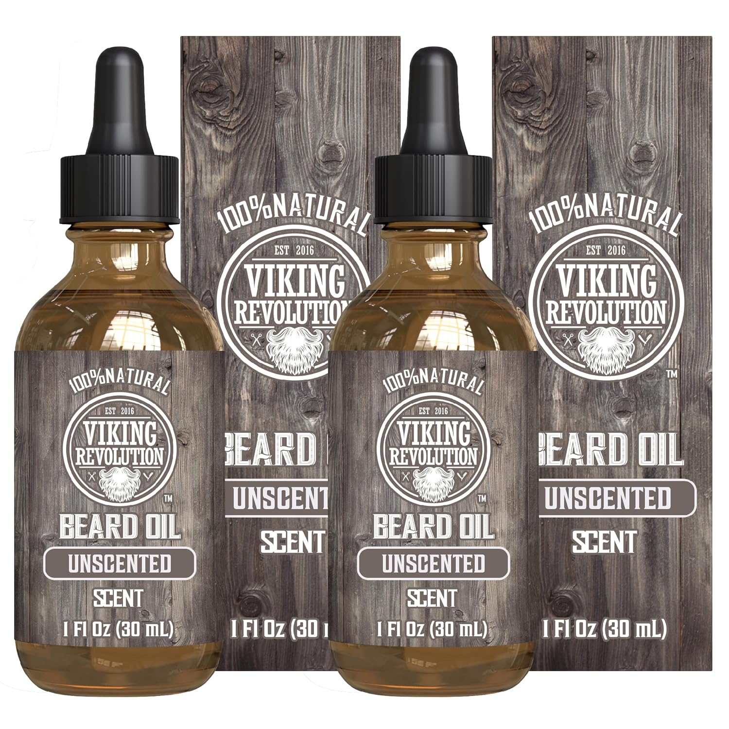 Two bottles of Unscented Beard Oil - 2 Pack with droppers and rustic packaging for premium beard care.