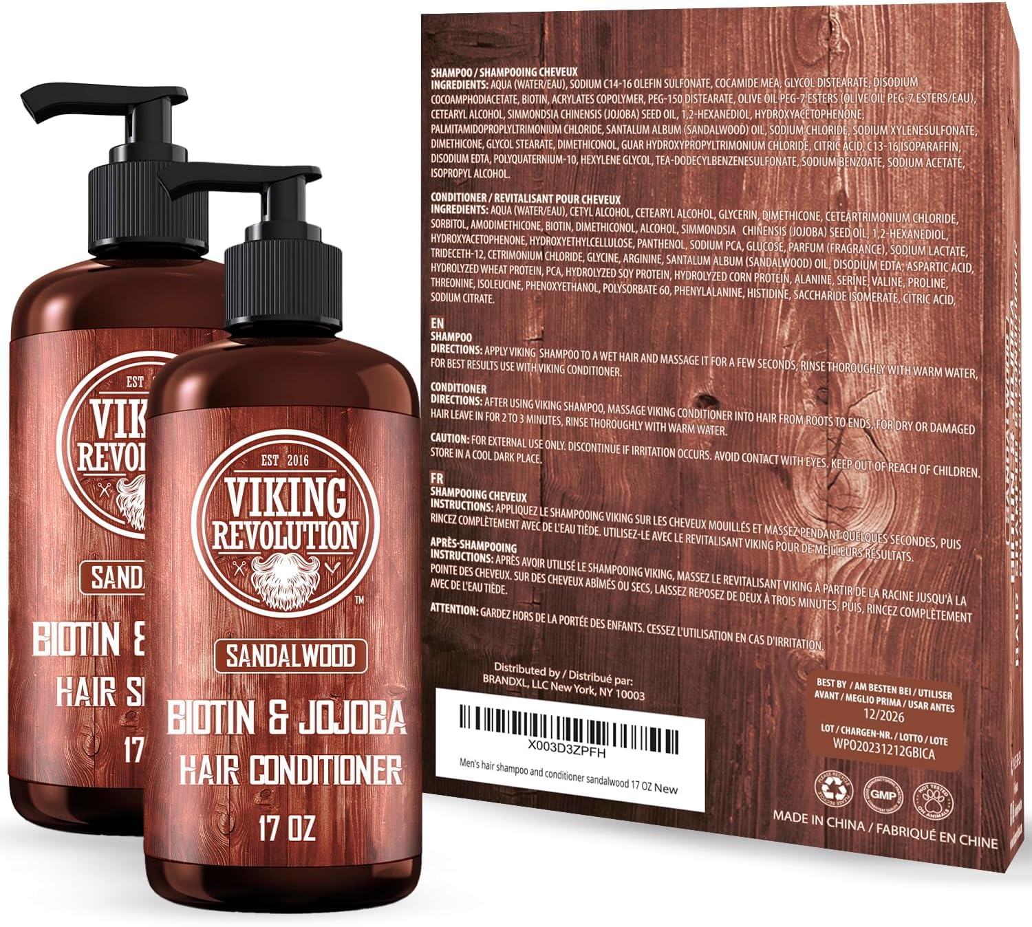 Two brown bottles of Shampoo and Conditioner Set (17 Oz) with details on the Viking Revolution box.