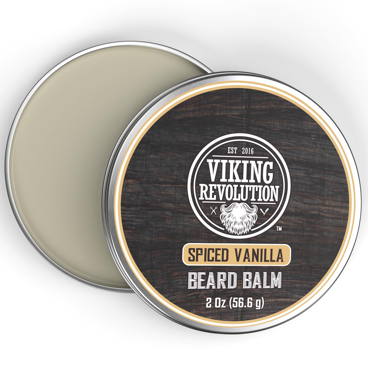 An open tin of Spiced Vanilla Beard Balm (2oz), a nourishing softener for men’s beards.