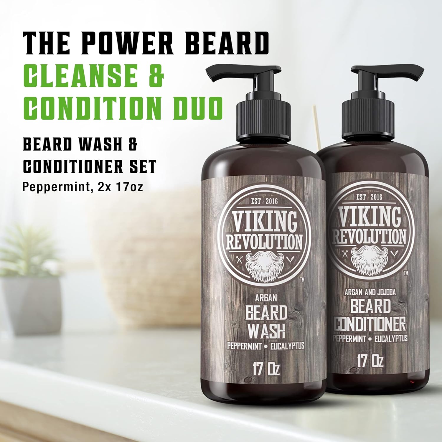 Peppermint & Eucalyptus Beard Wash & Conditioner Set (17oz) pump bottles displayed on a table, text above.