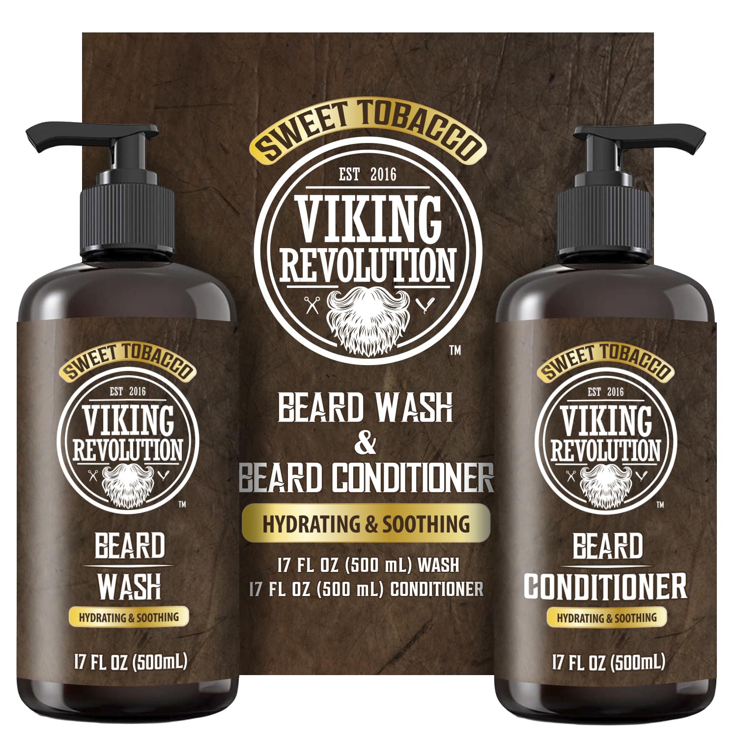Two bottles of Beard Wash and Conditioner for Men Sweet Tobacco, 17 fl oz each, boxed set.