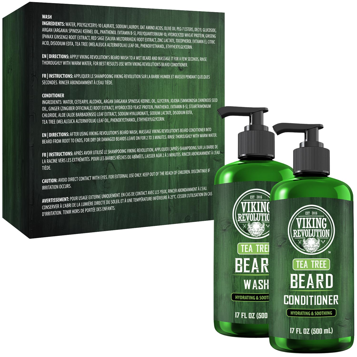 Tea Tree Beard Wash & Conditioner 17oz bottles with all-natural ingredients beside a green box.