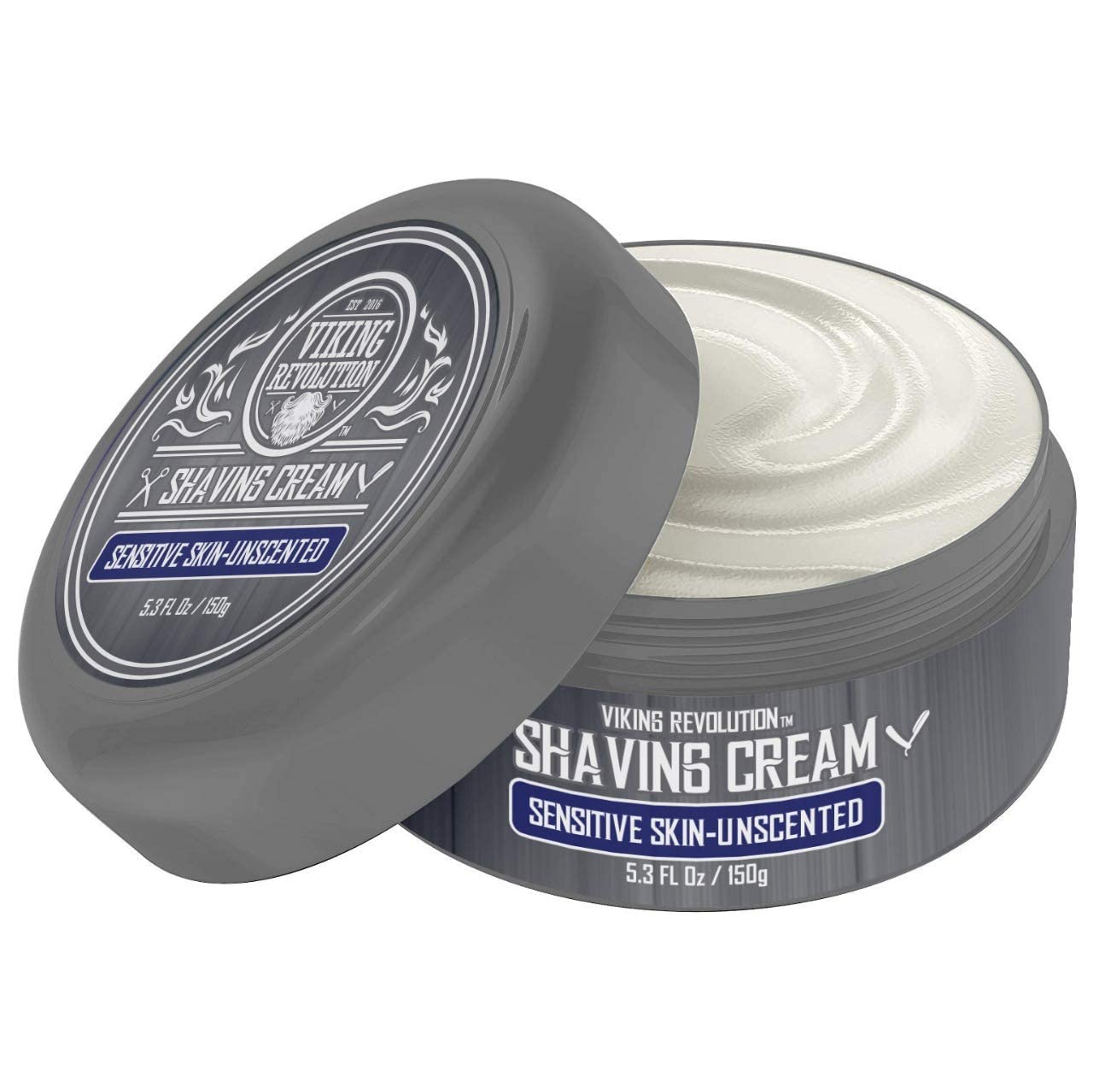 Open gray tub of Unscented Shaving Cream for Sensitive Skin (5.3 fl oz).