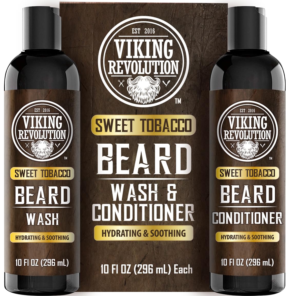 Two bottles of Beard Wash and Beard Conditioner for Men Sweet Tobacco, 10 fl oz each, with packaging.