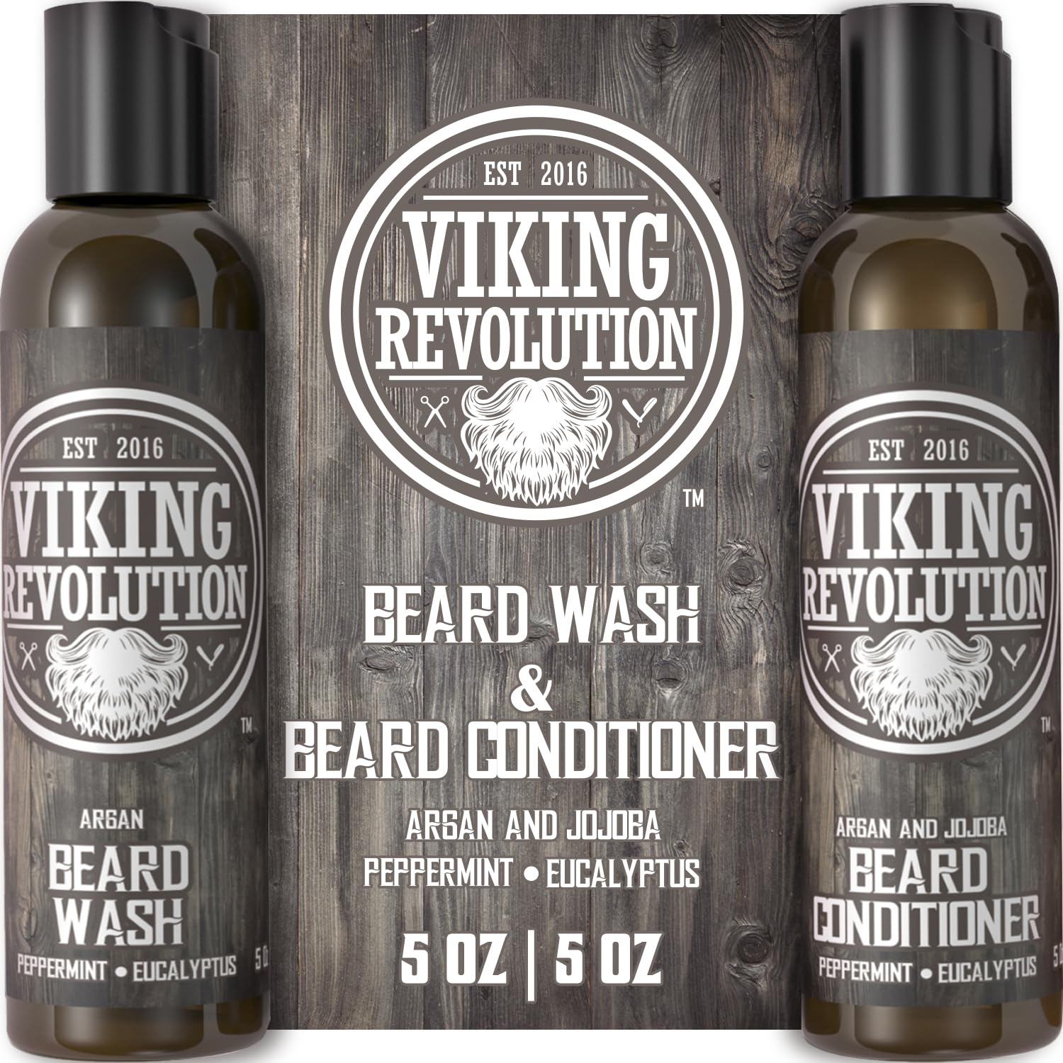 Two bottles of Beard Wash & Conditioner Set - Peppermint & Eucalyptus (5oz) on rustic wood.
