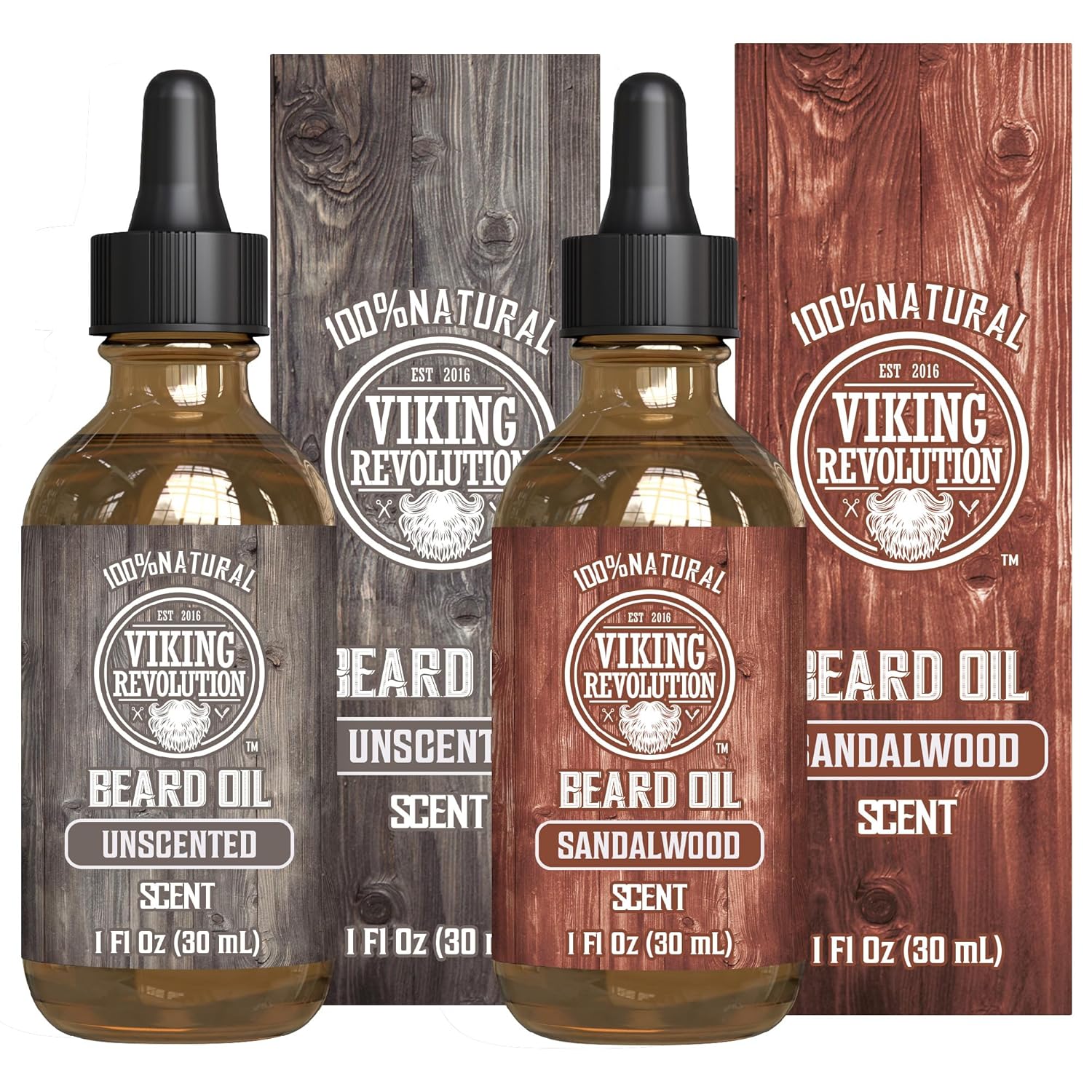 Sandalwood & Unscented Beard Oil - 2 Pack, each with its own matching box.