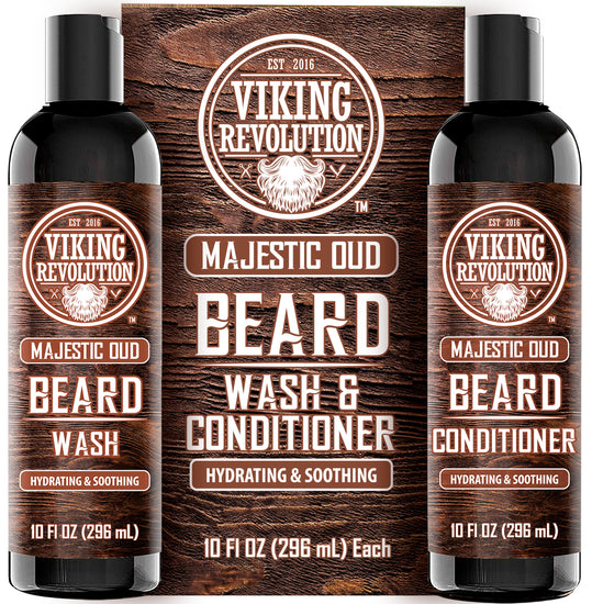 Beard Wash and Beard Conditioner for Men in Viking-themed packaging to boost beard growth.