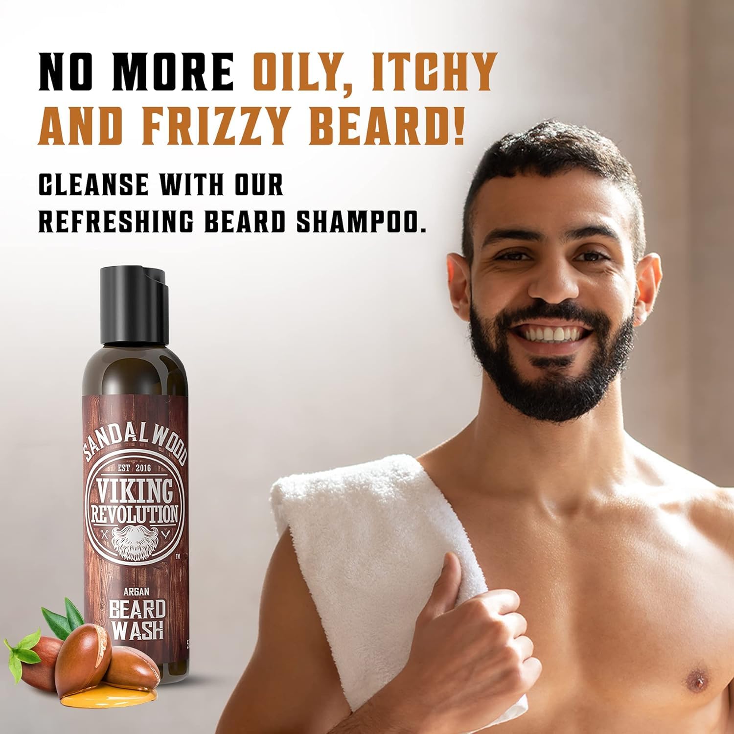 Smiling man with a towel on his shoulder beside Sandalwood Beard Wash & Conditioner Set - 5oz.