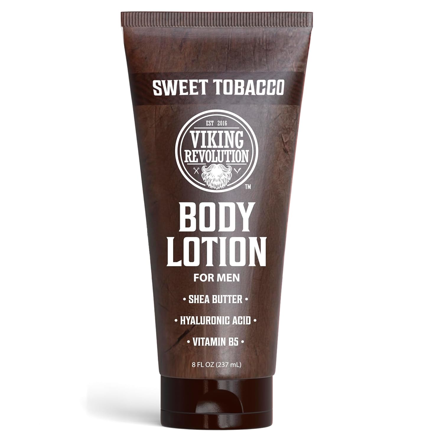 Viking Revolution Body Lotion for Men - Sweet Tobacco, 8 fl oz brown tube with white text.