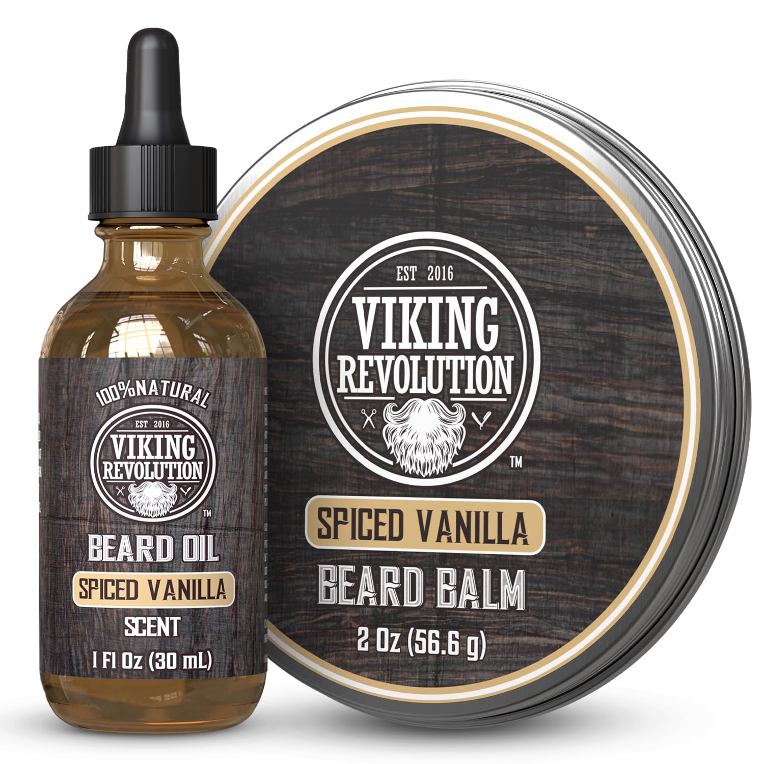 Spiced Vanilla Beard Balm (2oz) & Beard Oil (1oz) Kit in brown packaging with white text.