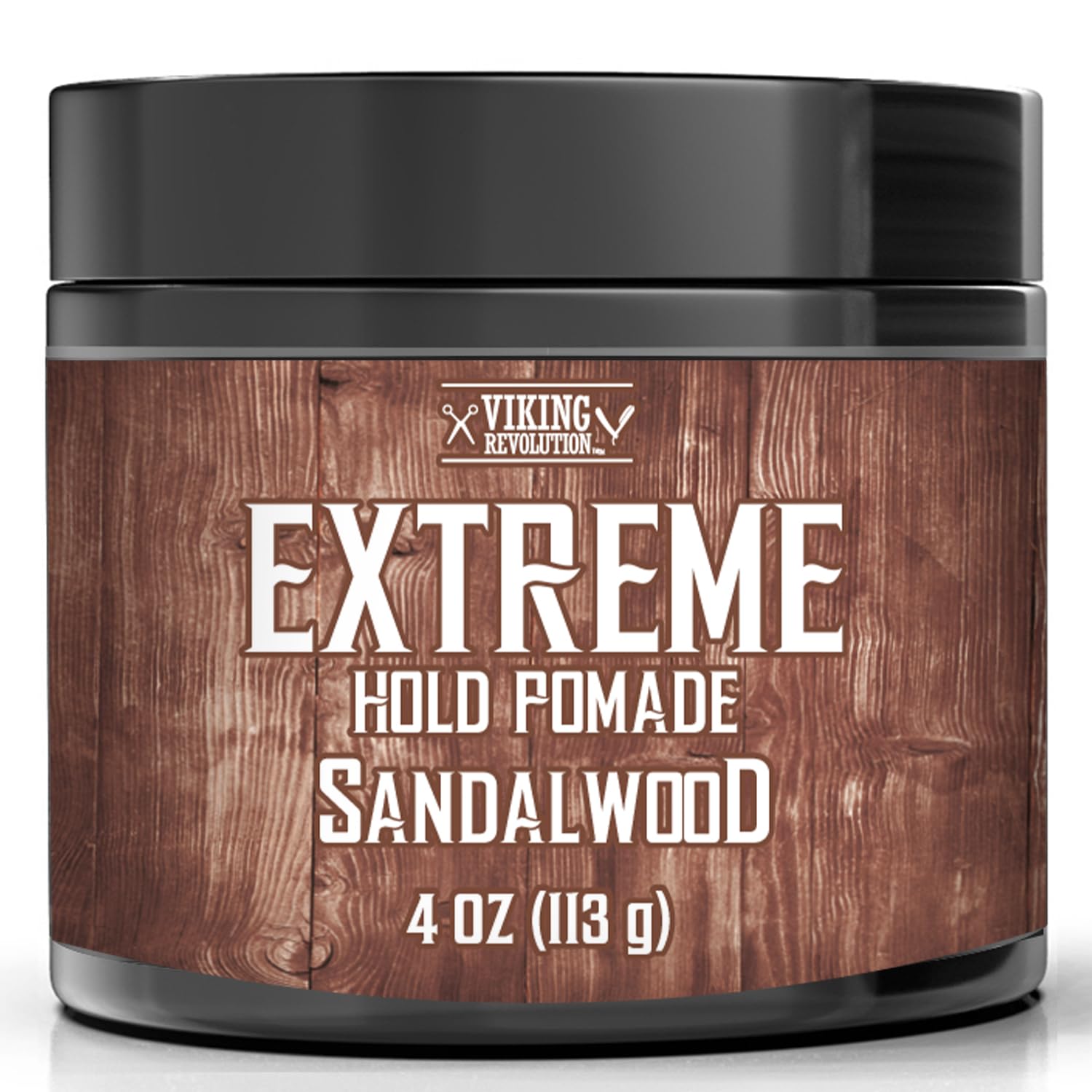 A 4 oz jar of Sandalwood Hair Pomade, water soluble with a sandalwood scent.