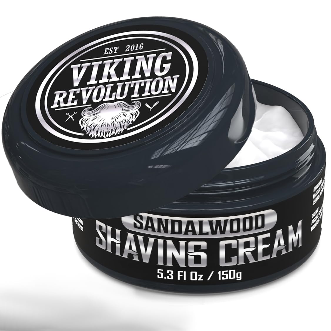 Open container of Sandalwood Shaving Cream (5.3oz), ideal for sensitive skin.