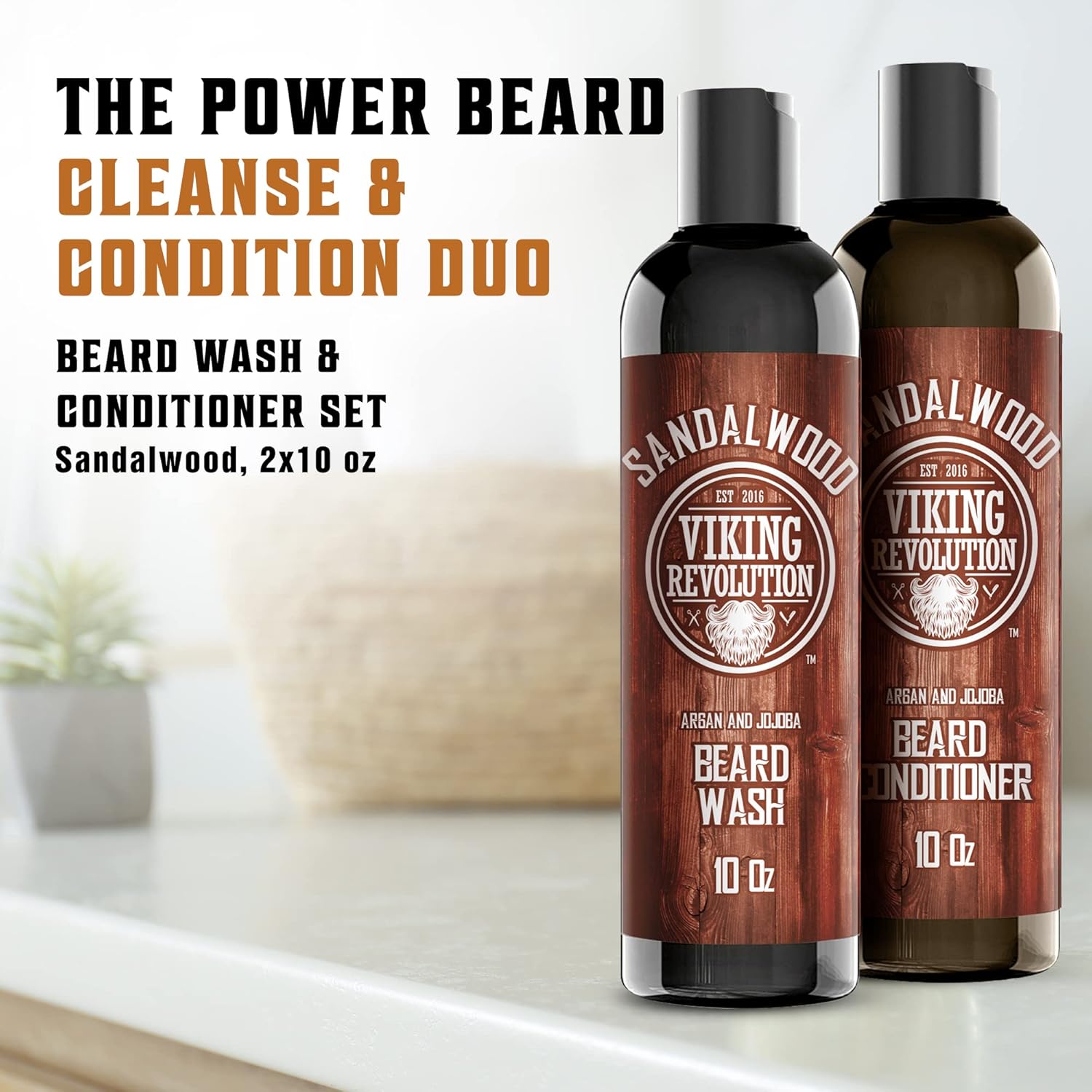 Two bottles of Sandalwood Beard Wash & Conditioner Set (10oz) on a light background.