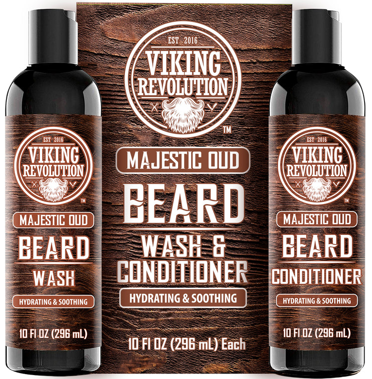 Beard Wash and Beard Conditioner for Men in Viking-themed packaging to boost beard growth.