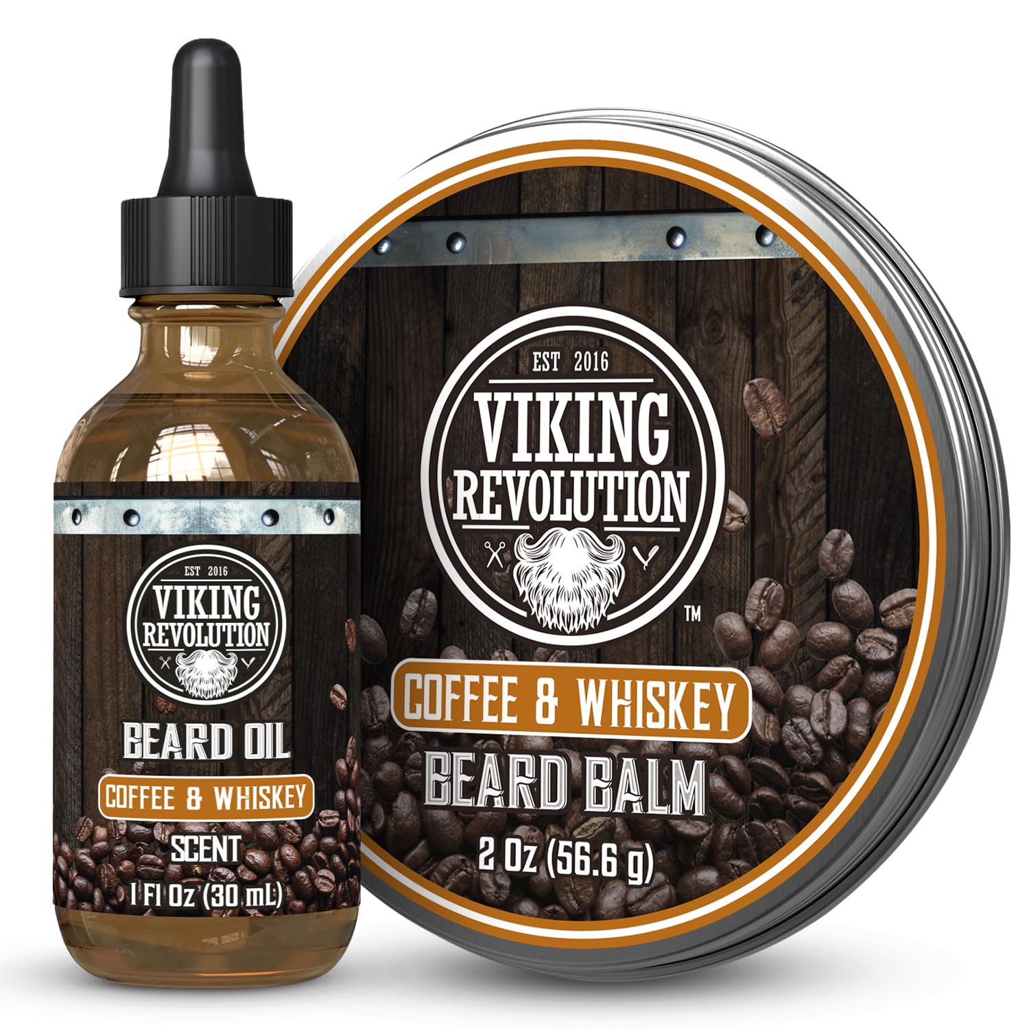 Coffee and Whiskey Beard Balm (2oz) & Sandalwood Beard Oil (1oz) Kit for men’s premium beard care.