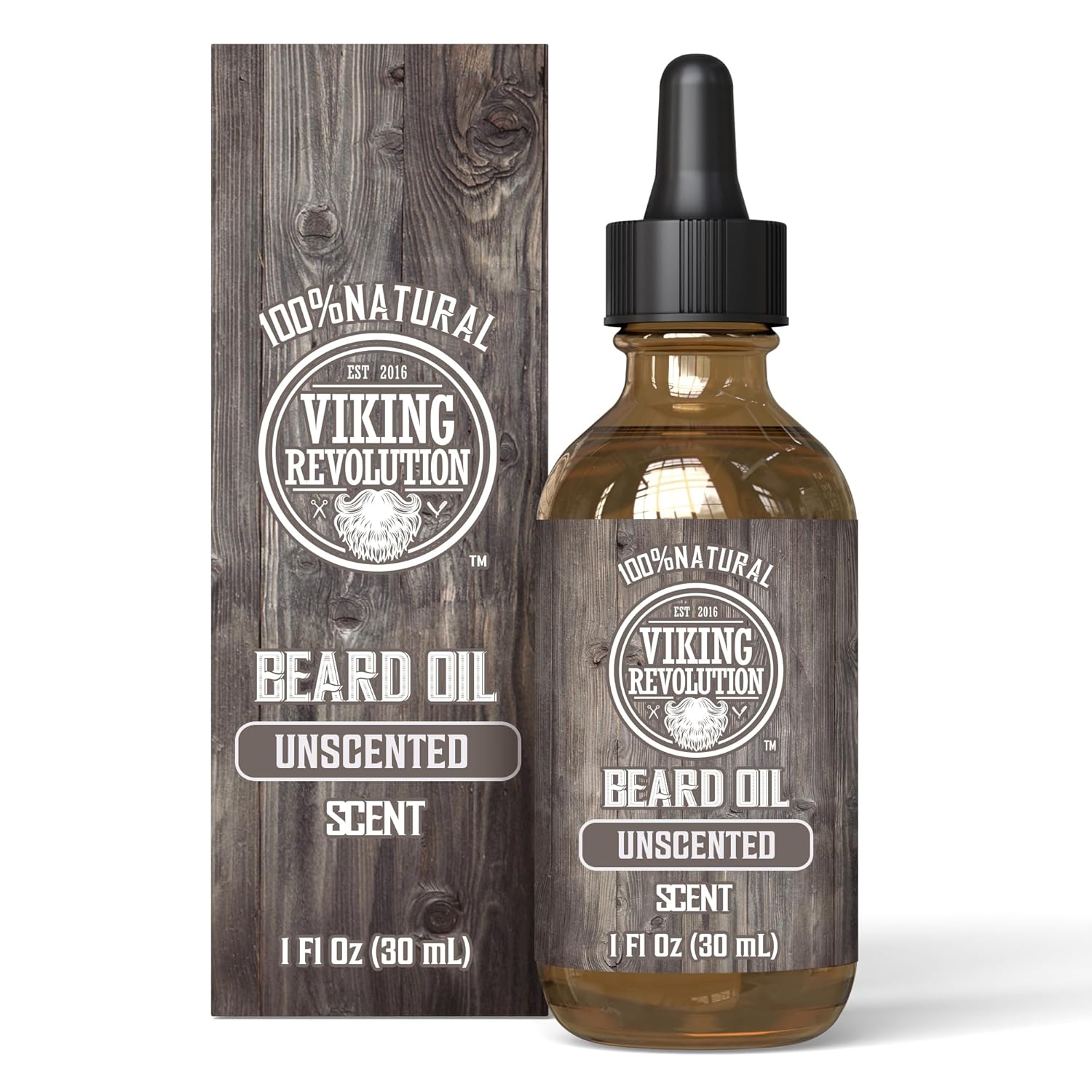A bottle and box of Unscented Beard Oil (1oz), a beard grooming essential.