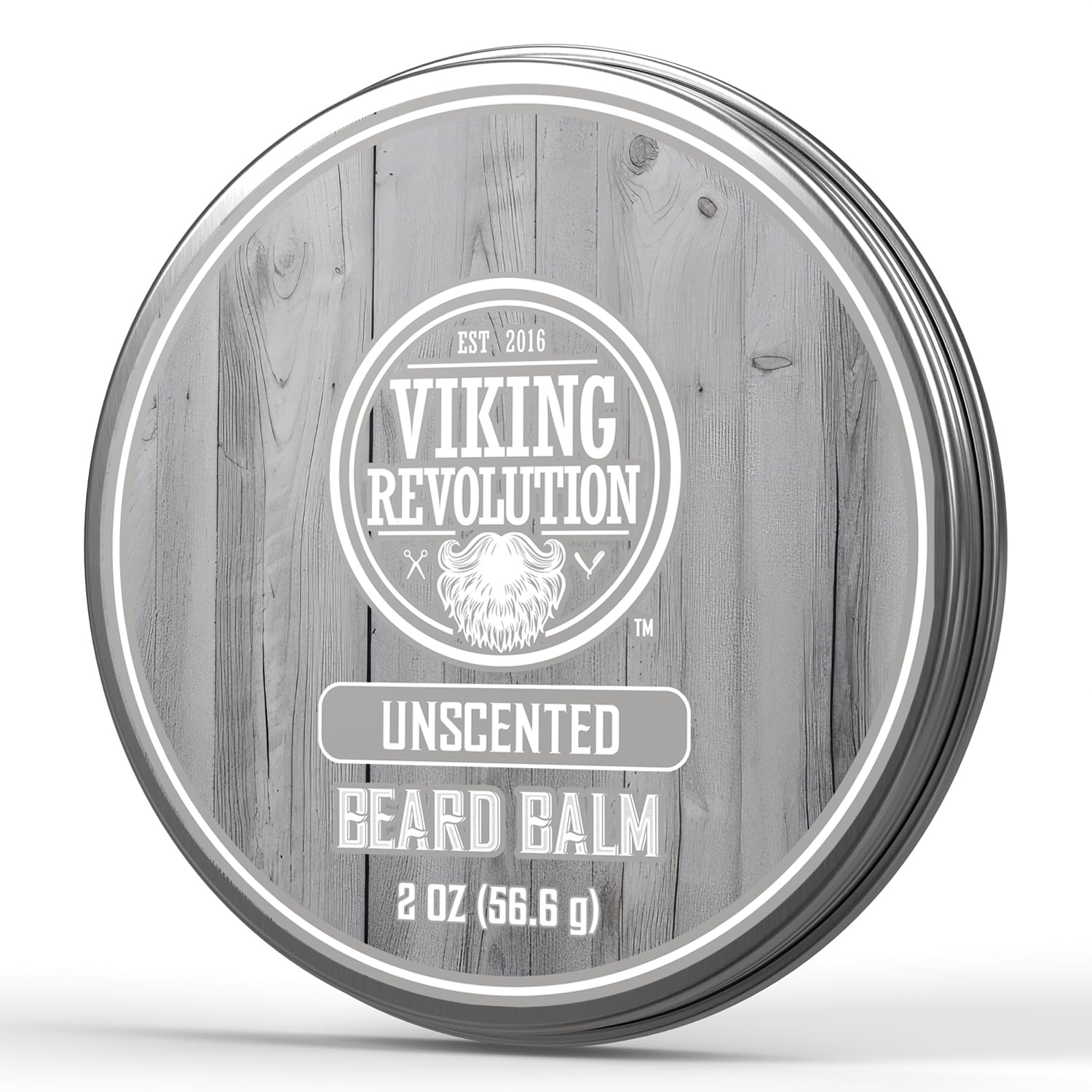 Unscented Beard Balm (2oz) in a round tin with a wooden design—ideal for natural beard care.