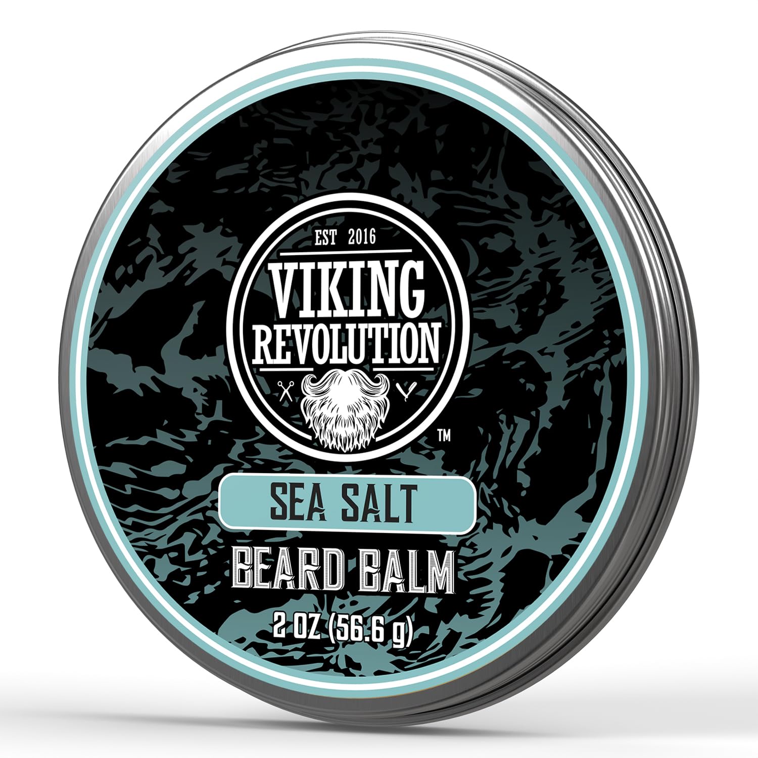 Sea Salt Beard Balm, 2 oz, in black and teal tin—natural beard care for your best look.