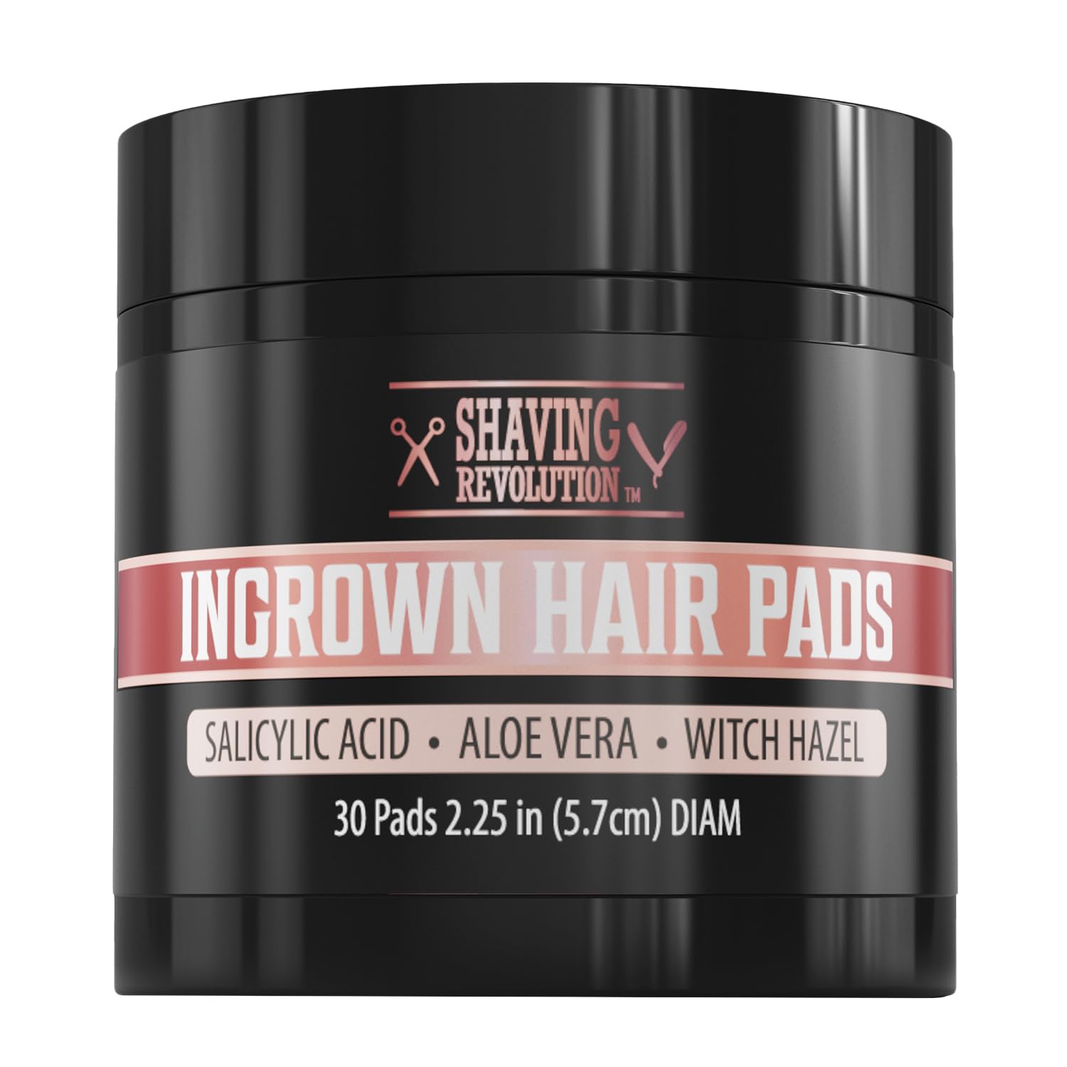 Black jar labeled Ingrown Hair Pads with 30 salicylic acid pads, each 2.25" in diameter.