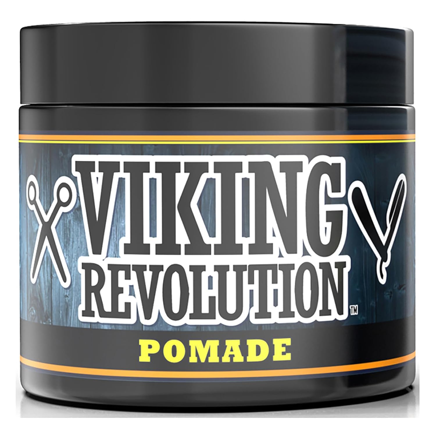 A black jar of Hair Pomade (4oz) with bold white and yellow text on the Viking Revolution label.