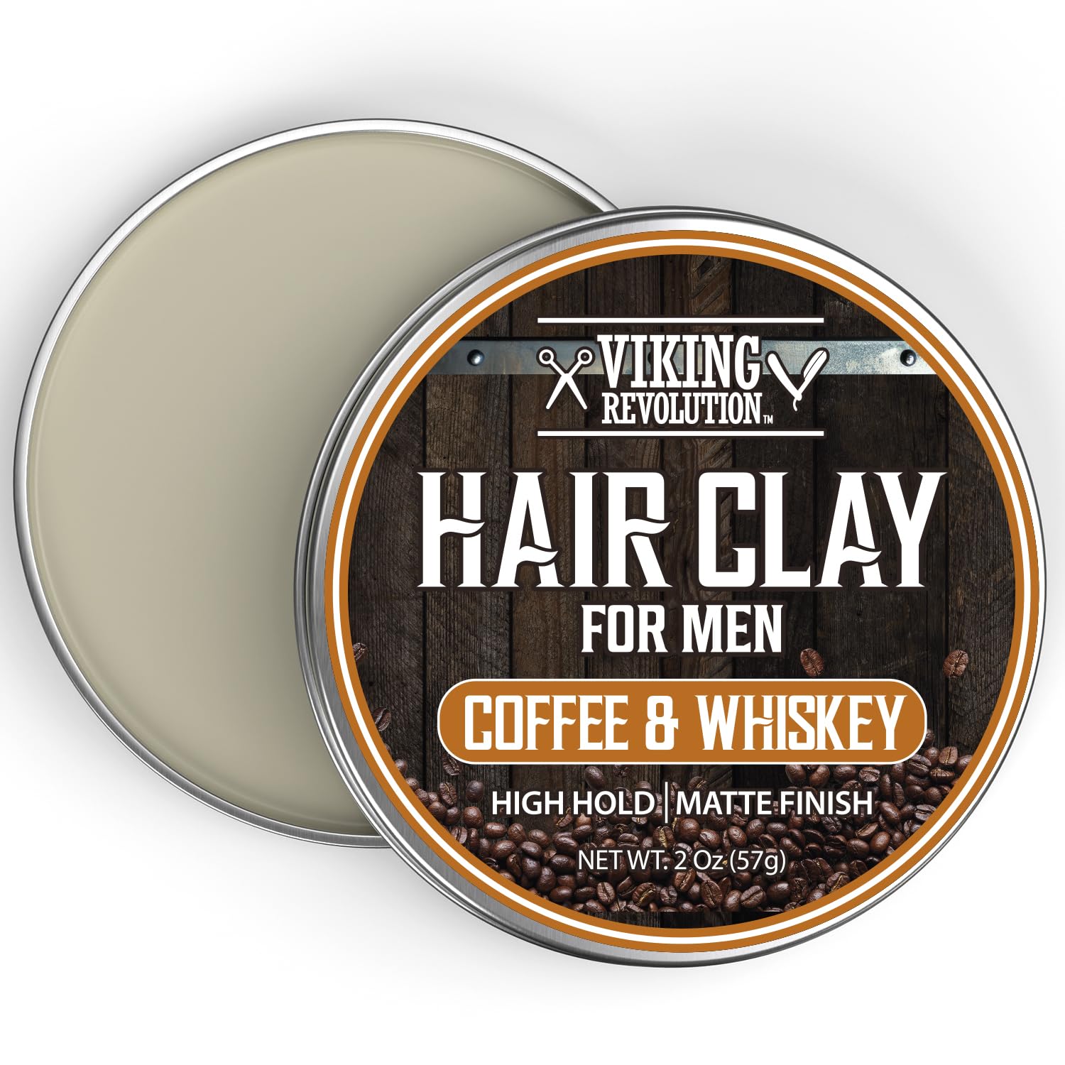 Hair Clay - Coffee & Whiskey: open tin reveals matte hair product for men.
