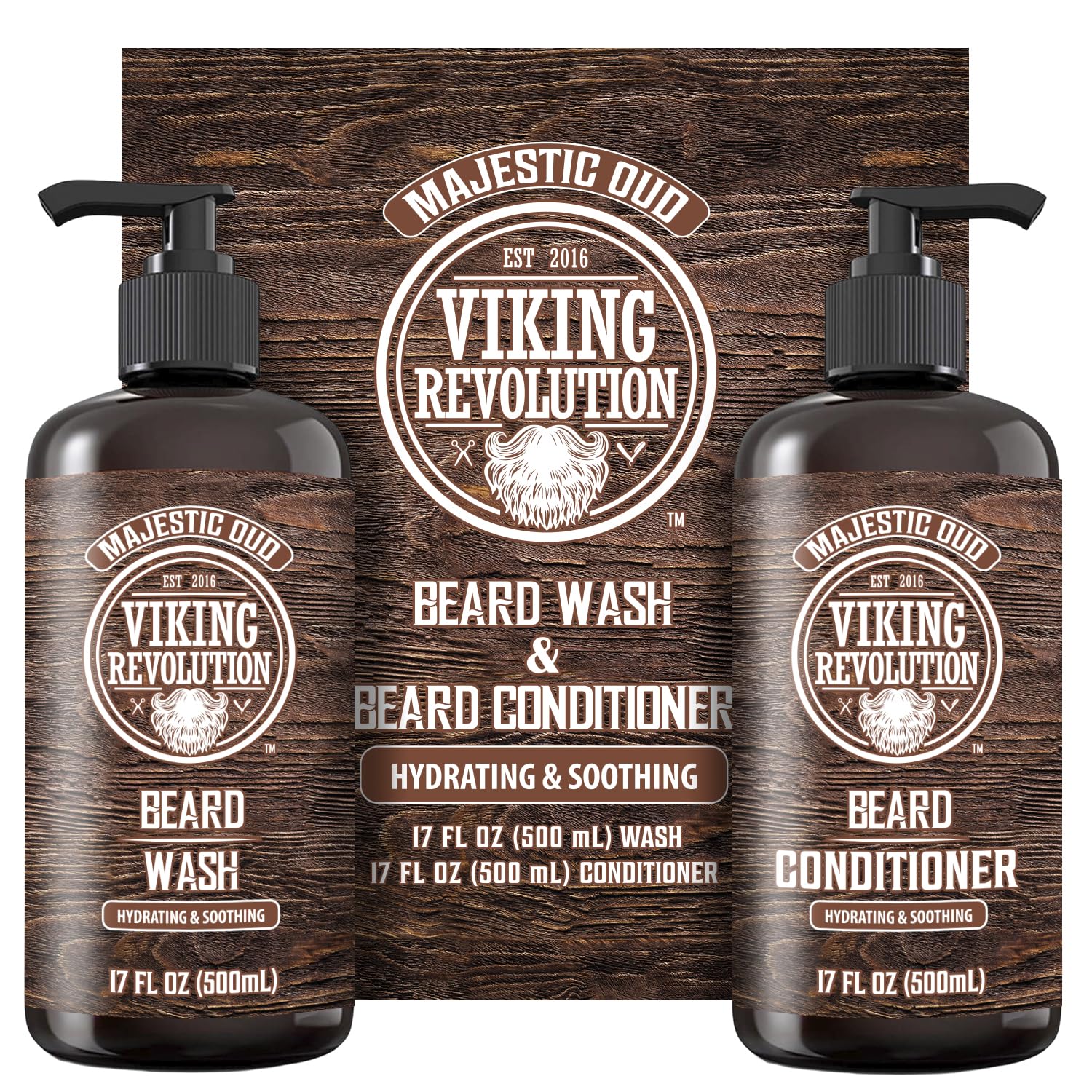 Two bottles of Beard Wash and Conditioner 17oz, Majestic Oud sit against a rustic wood background.