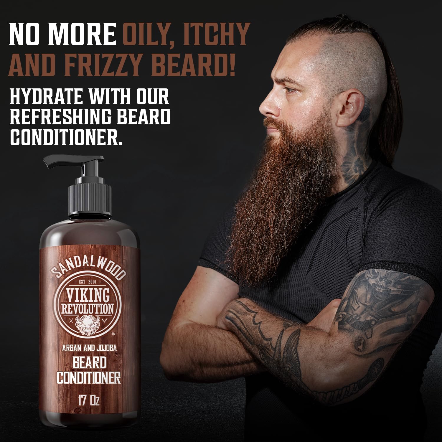 Man with a long beard and tattoos stands by Sandalwood Beard Conditioner (17oz) and ad text.